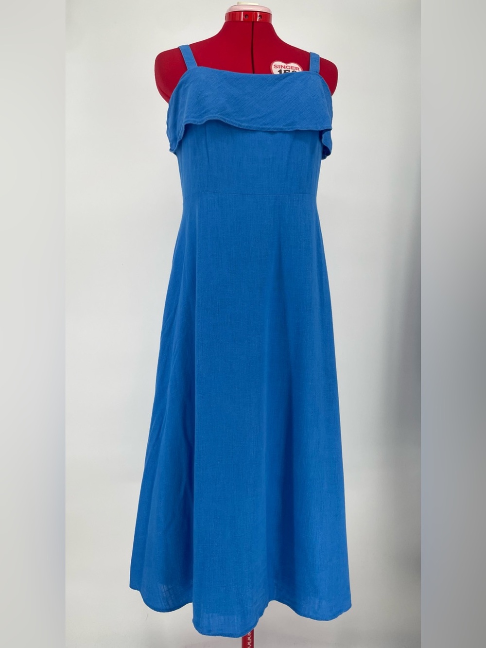 Ann Taylor Blue Straight Neckline A-line Midi Sundress Linen Blend Cotton Lined